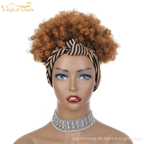 drawstring short Wigs Black Women Grip With Scarf Synthetic Wrap Attached Curly Kinky Hair Band Chignon elastic Headband Wig